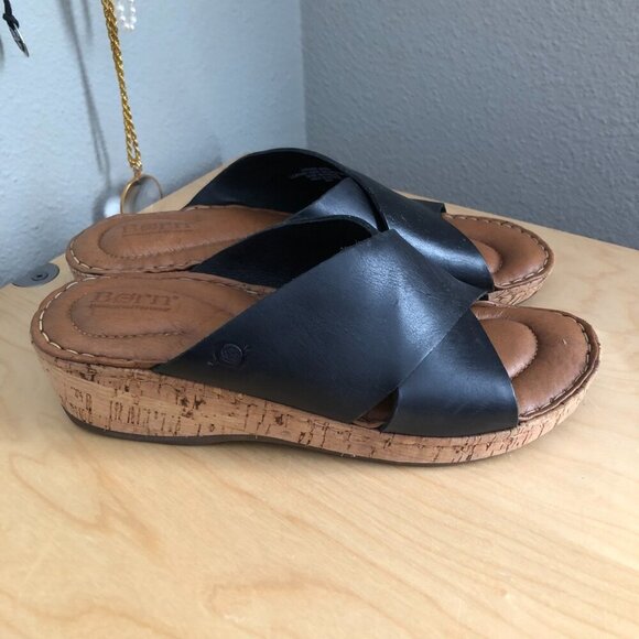 Born Lola Comfort Slide Sandals Black Leather Criss Cross Cork Wedge - Picture 4 of 12